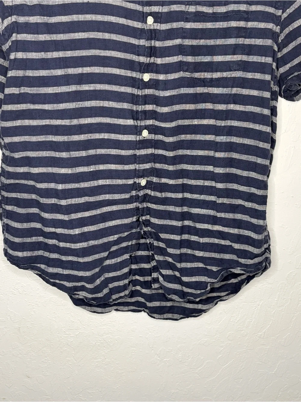 J. Crew Mens Large 100% Linen Shirt Navy Striped Classic Button Short‎ Sleeve